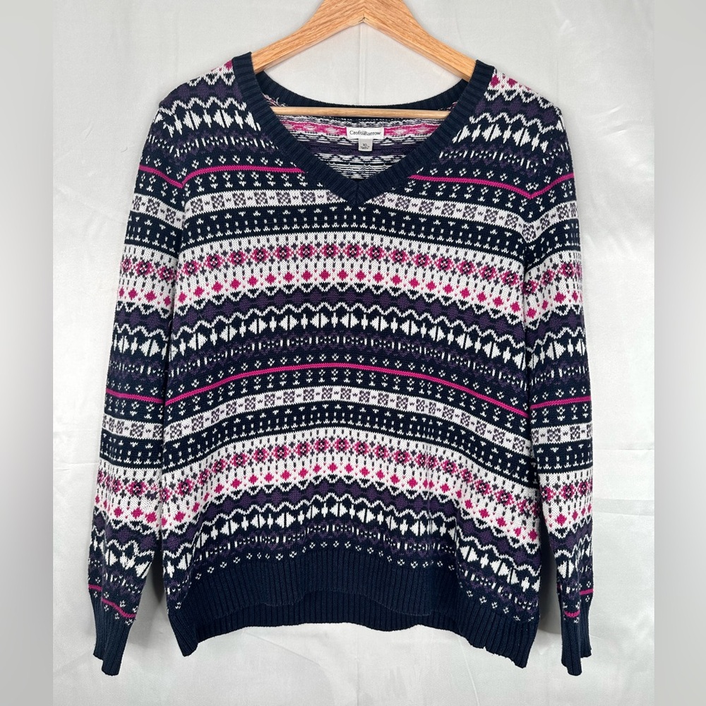 Croft & Barrow Fair Isle V-Neck Knit‎ Sweater Navy Pink White Women’s XL